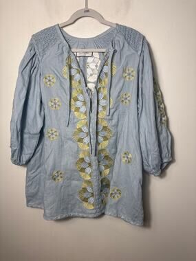 Innika Choo Blue and Green Embroidered Linen Mini Dress Sz One Size